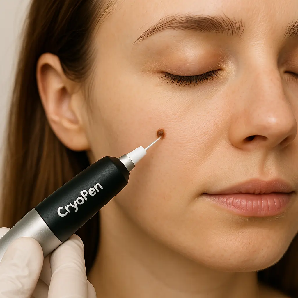 woman receiving facial mole removal Goadby using cryopen